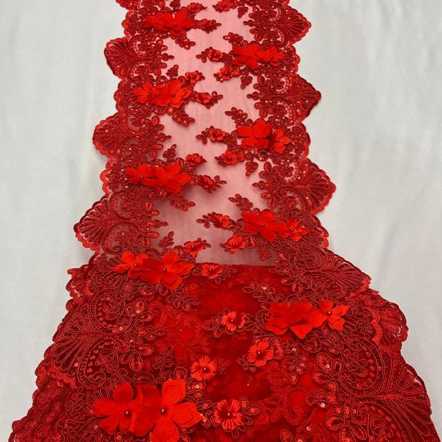 Red Beaded Lace Table Runner 3D Floral Lace Fabric - Red Floral Pattern, 13" Width (1 Yard)
