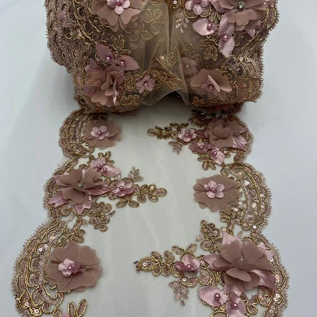 Dusty Rose Beaded Lace Fabric - 3D Embroidered Floral Lace, Pearls & Crystals, Dusty Rose, 22" Width (1 Yard)