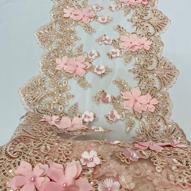 Blush Pink Beaded Lace Fabric - 3D Floral Lace With Pearls And Sequins, 13" Width