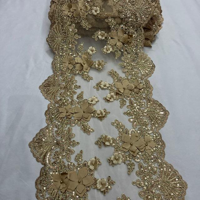 Champagne Beaded Lace Fabric - 3D Embroidered Floral Lace, Champagne, Pearls And Sequins, 13" Width
