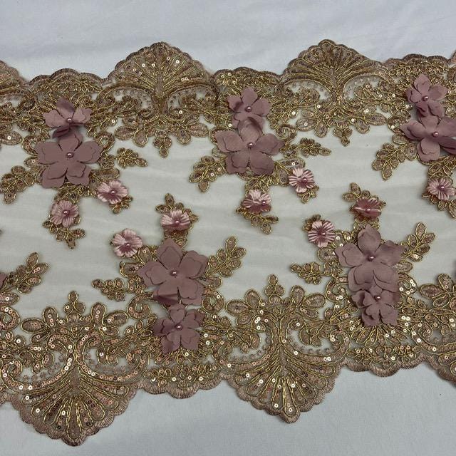 Dusty Rose Beaded Lace Fabric - Vintage 3D Floral Lace, Dusty Rose, 13" Width