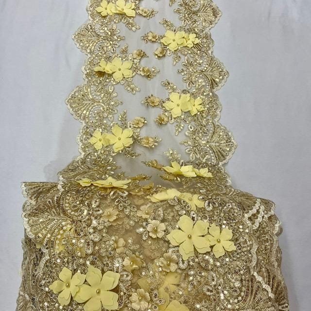 Gold Beaded Lace Table Runner Lace Fabric - Gold 3D Embroidered Lace With Pearls And Sequins, 13" Width