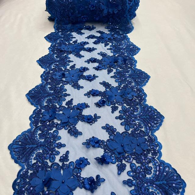 Royal Blue Beaded Lace Table Runner Lace Fabric - 3D Embroidered Floral Lace, Pearls, Sequins, 13" Width