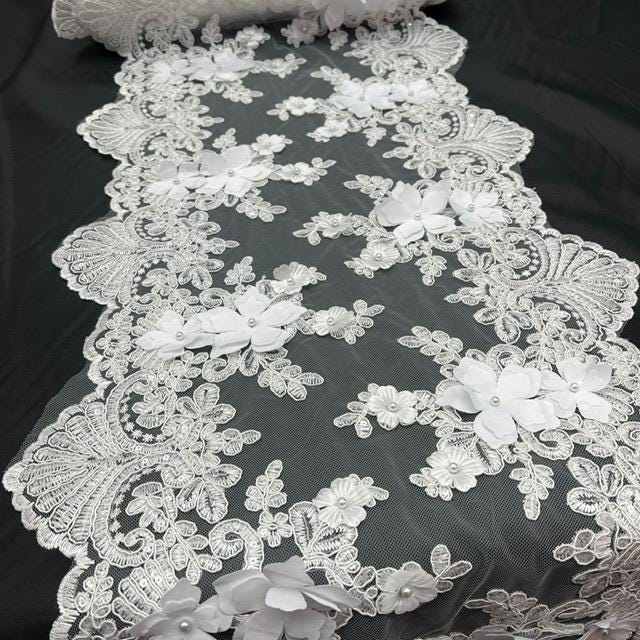 White Beaded Lace Table Runner 3D Floral Lace Fabric - White, Pearls And Sequins, 13" Width