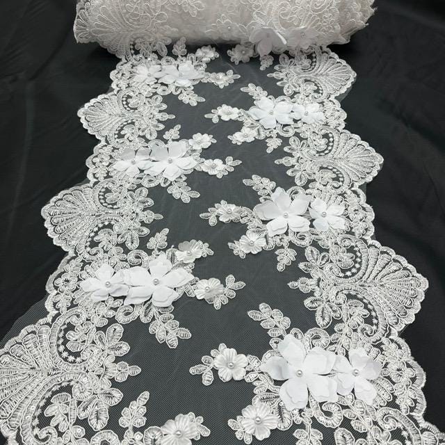 White Beaded Lace Table Runner 3D Floral Lace Fabric - White, Pearls And Sequins, 13" Width