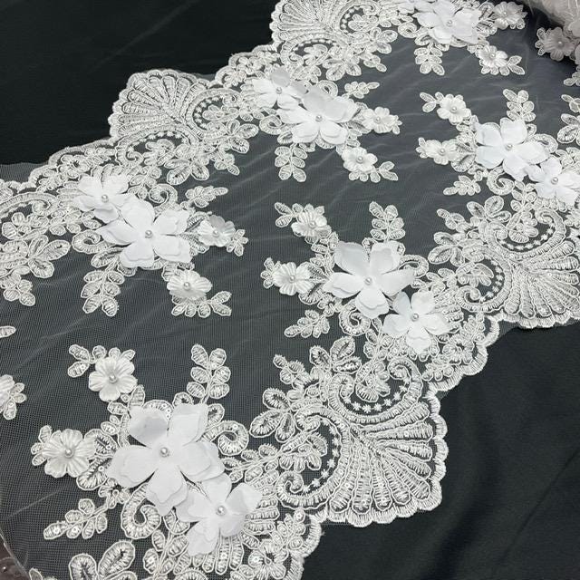 White Beaded Lace Table Runner 3D Floral Lace Fabric - White, Pearls And Sequins, 13" Width