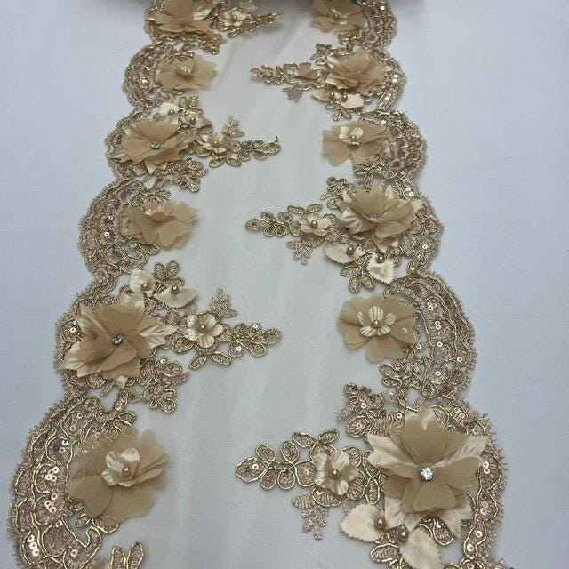 Champagne Beaded Lace Fabric - 3D Embroidered Floral Lace, Champagne, 22" Width