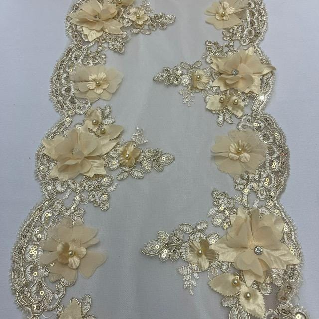 VT-34 Gold Beaded Lace Fabric - Gold 3D Embroidered Lace With Pearls And Crystals, 22" Width