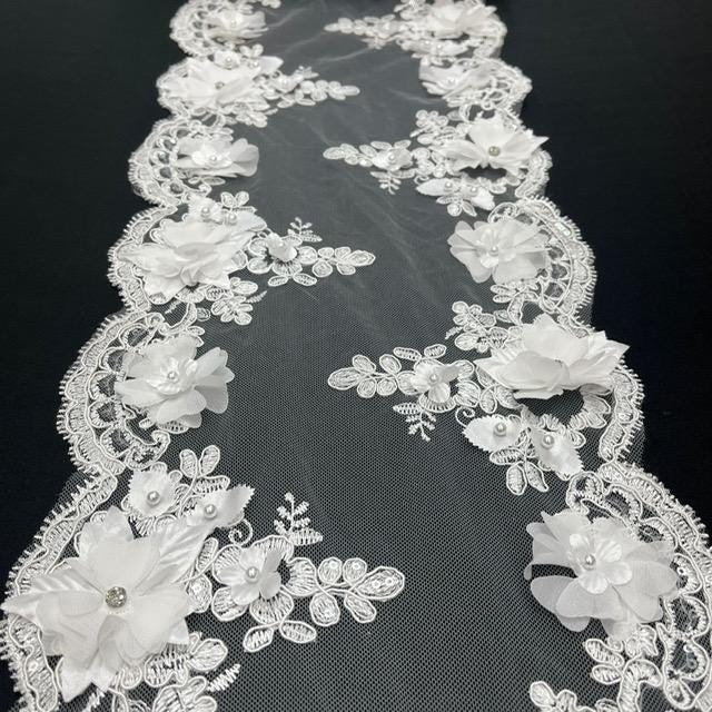 White Beaded Lace Table Runner 3D Embroidered Lace Fabric - White, Pearls And Crystals, 22" Width