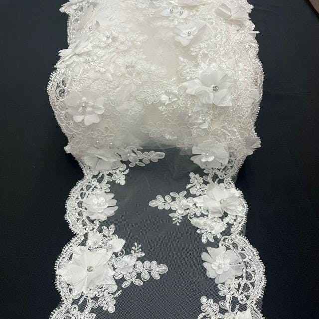 White Beaded Lace Table Runner 3D Embroidered Lace Fabric - White, Pearls And Crystals, 22" Width