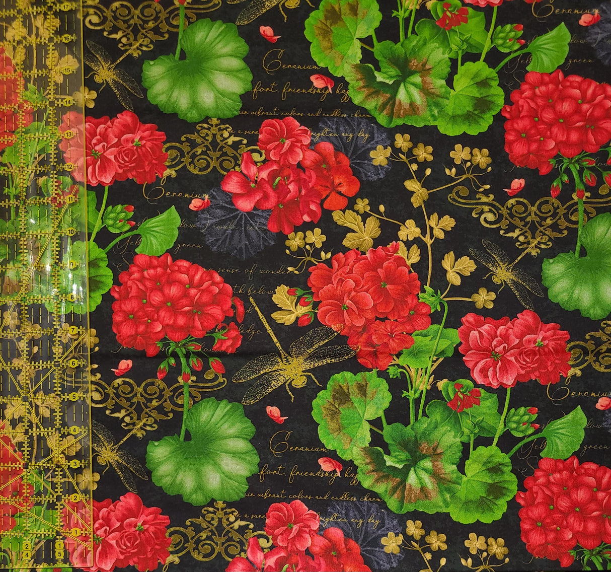 Quilting Cotton Scarlet Beauty Geranium Dragonfly Collage Black Timeless Treasures