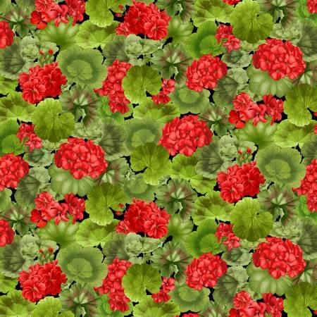 Quilting Cotton Scarlet Beauty Geranium with Leaves Timeless Treasures