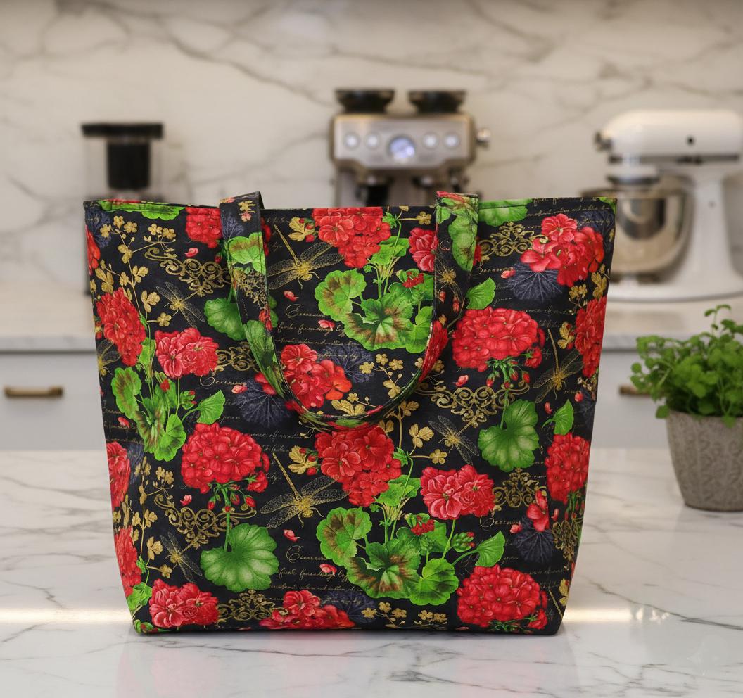 Quilting Cotton Scarlet Beauty Geranium Dragonfly Collage Black Timeless Treasures