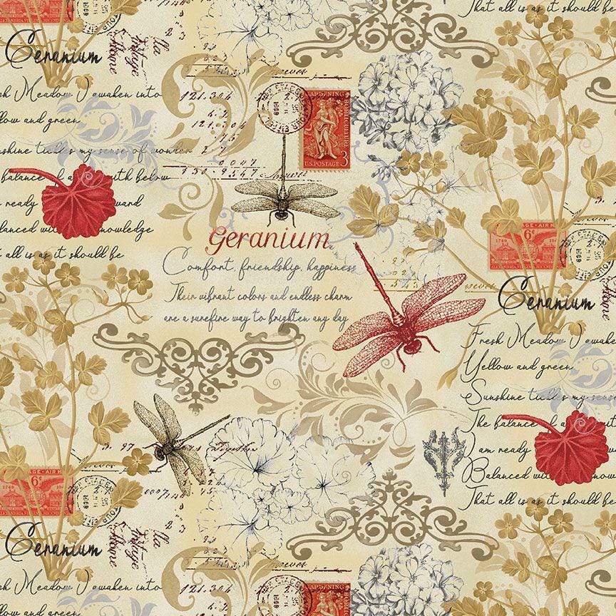 Quilting Cotton Scarlet Beauty Text and Floral Fleur-CD3182 Cream