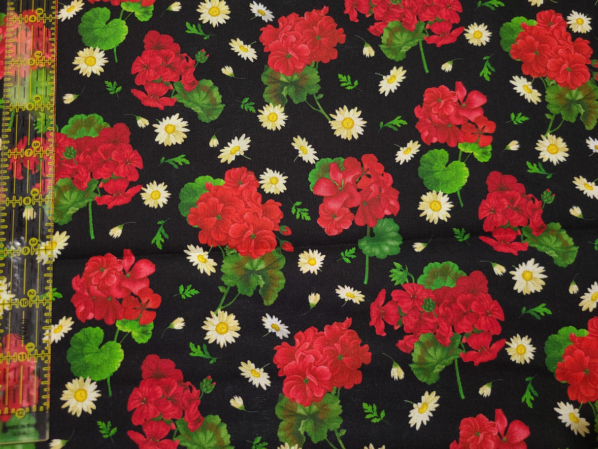 Quilting Cotton Scarlet Beauty Geraniums and Daisies Black Timeless Treasures