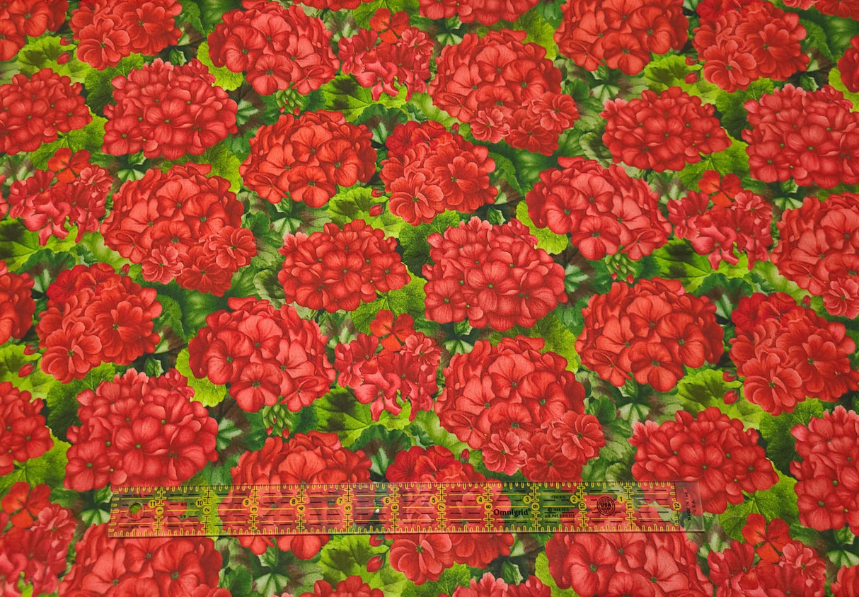 Quilting Cotton Scarlet Beauty Packed Geranium with Leaves Timeless Treasures