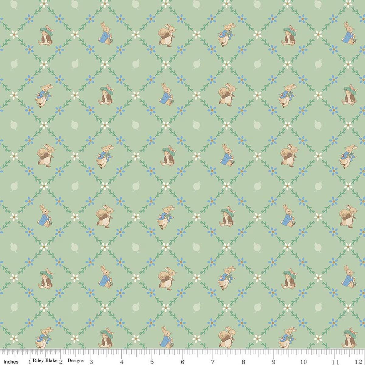 Quilting Cotton Peter Rabbit™ and Benjamin Bunny™ Lattice Green Riley Blake