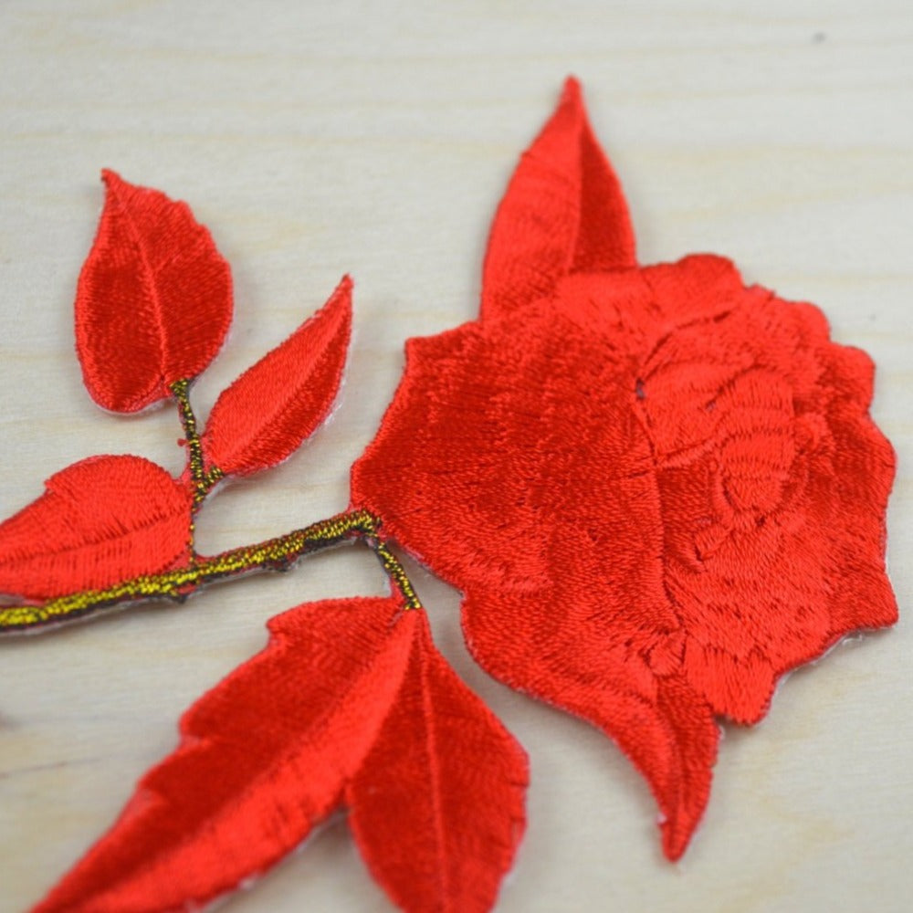 Embroidered Rose Applique Patch Red Iron-On