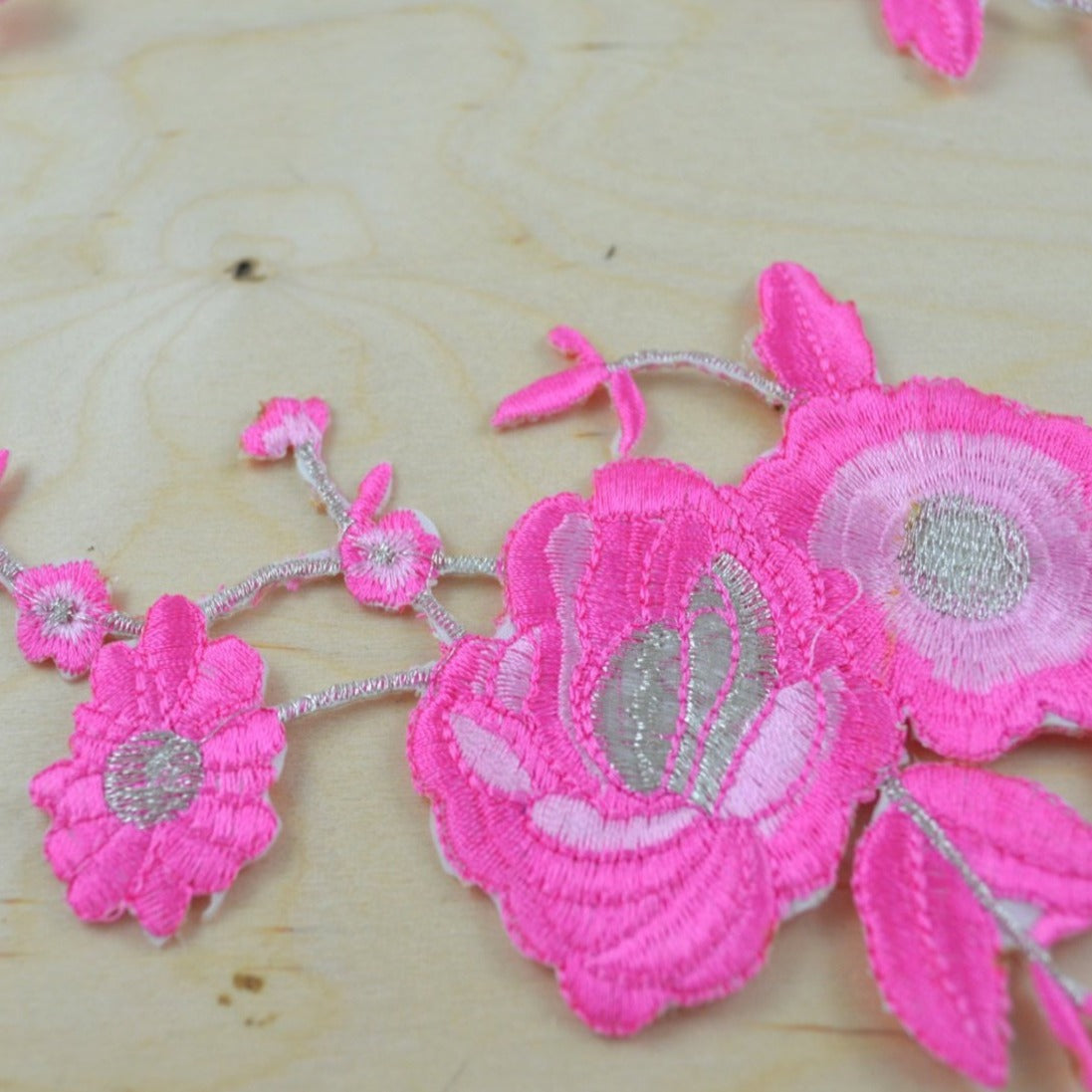 Embroidered Flower Patch Pink Silver