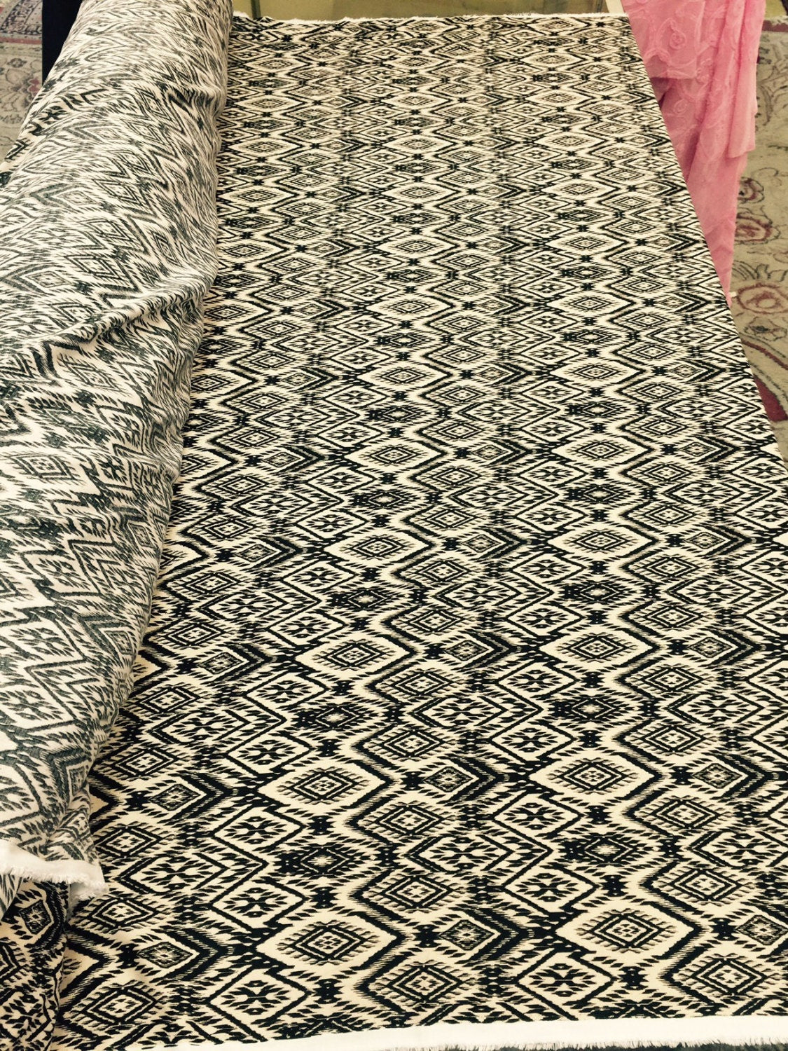 Rayon Challis Black and Tan Geometric Pattern