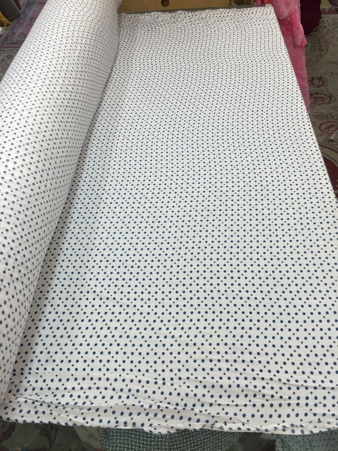 Rayon Challis Blue Dots on Off-White