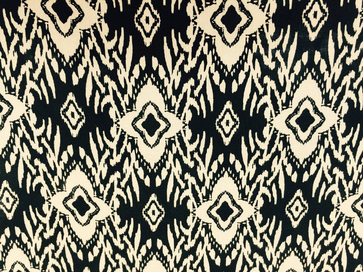 Rayon Challis Beige Black Geometrical Pattern