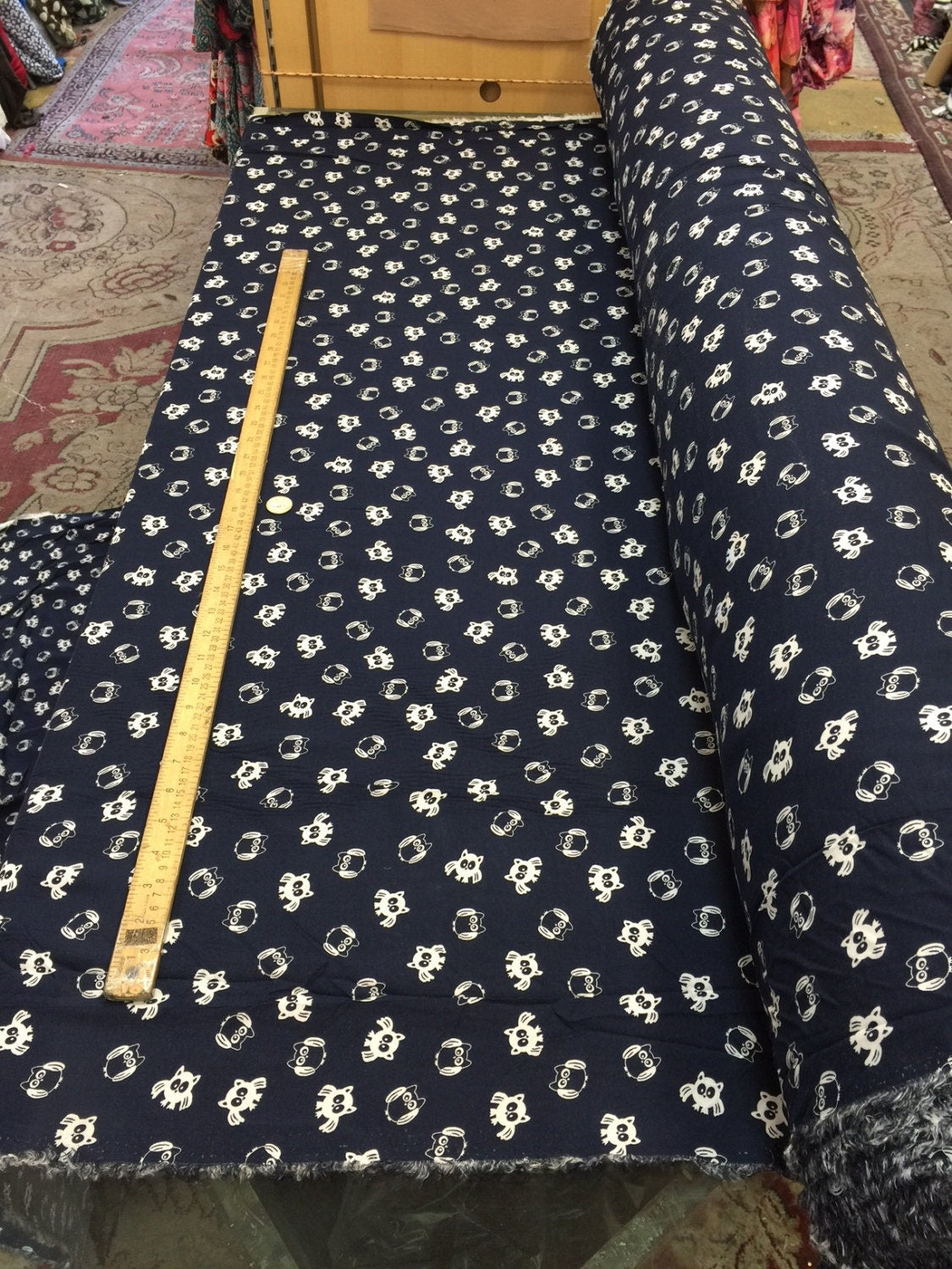 Rayon Challis Owl Print Navy Blue