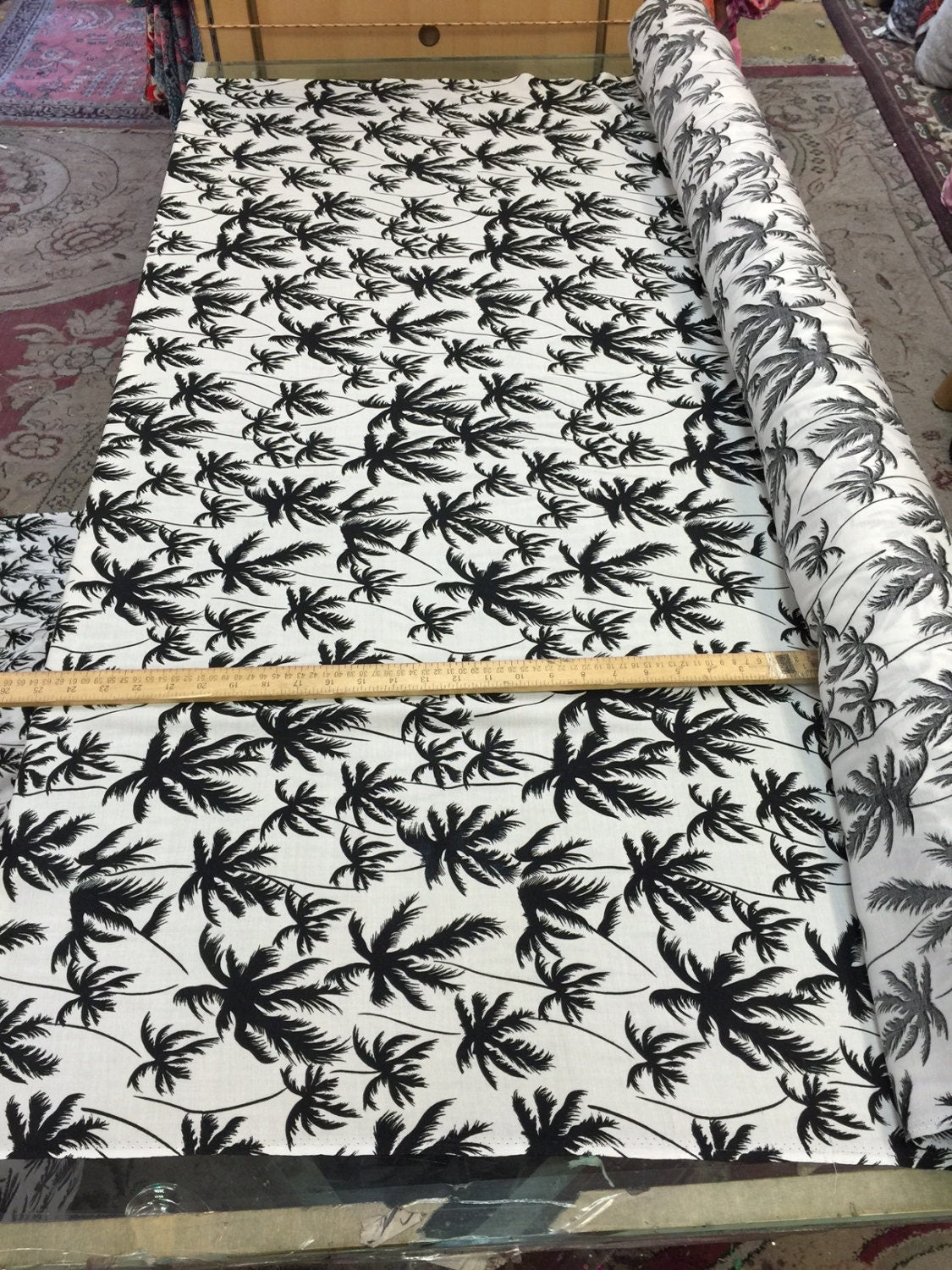 Rayon Challis Off-White Black Palm Trees