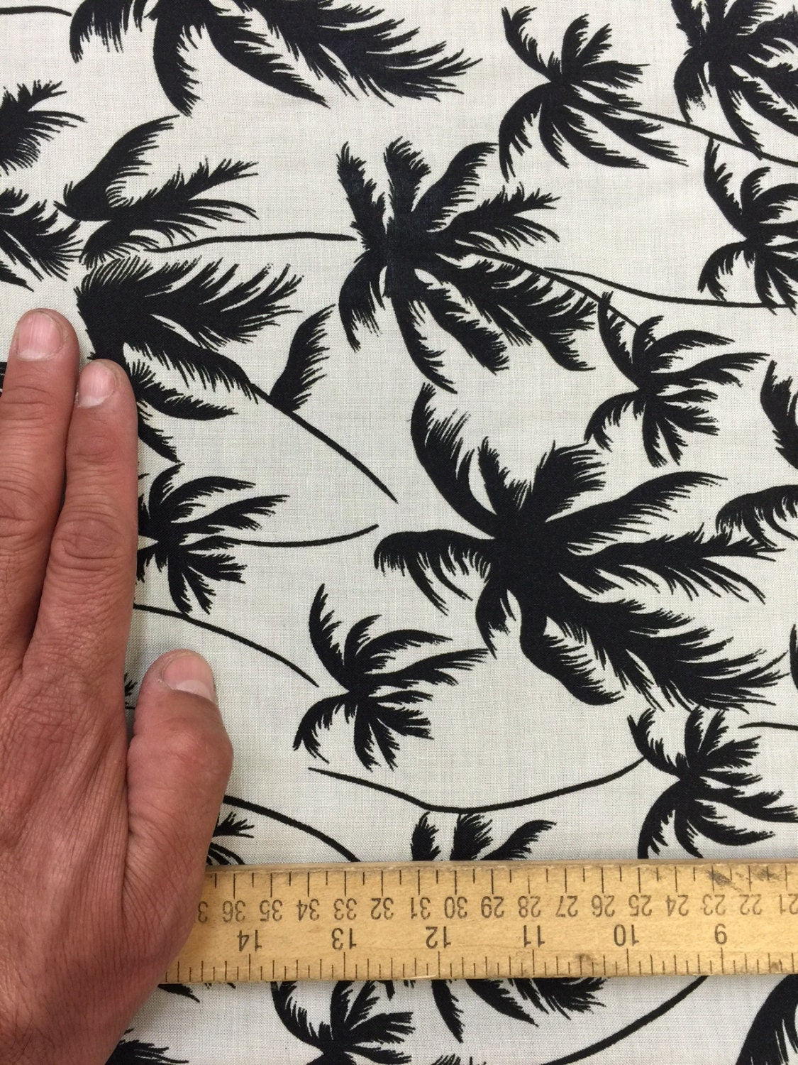 Rayon Challis Off-White Black Palm Trees