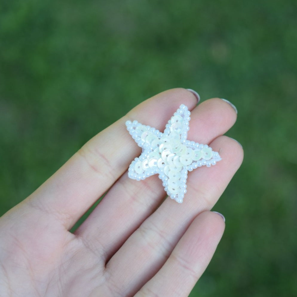 Star Patch White Sequin Beaded 0.75"
