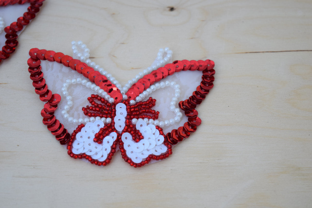 Butterfly Patch Red White Sequin Bead