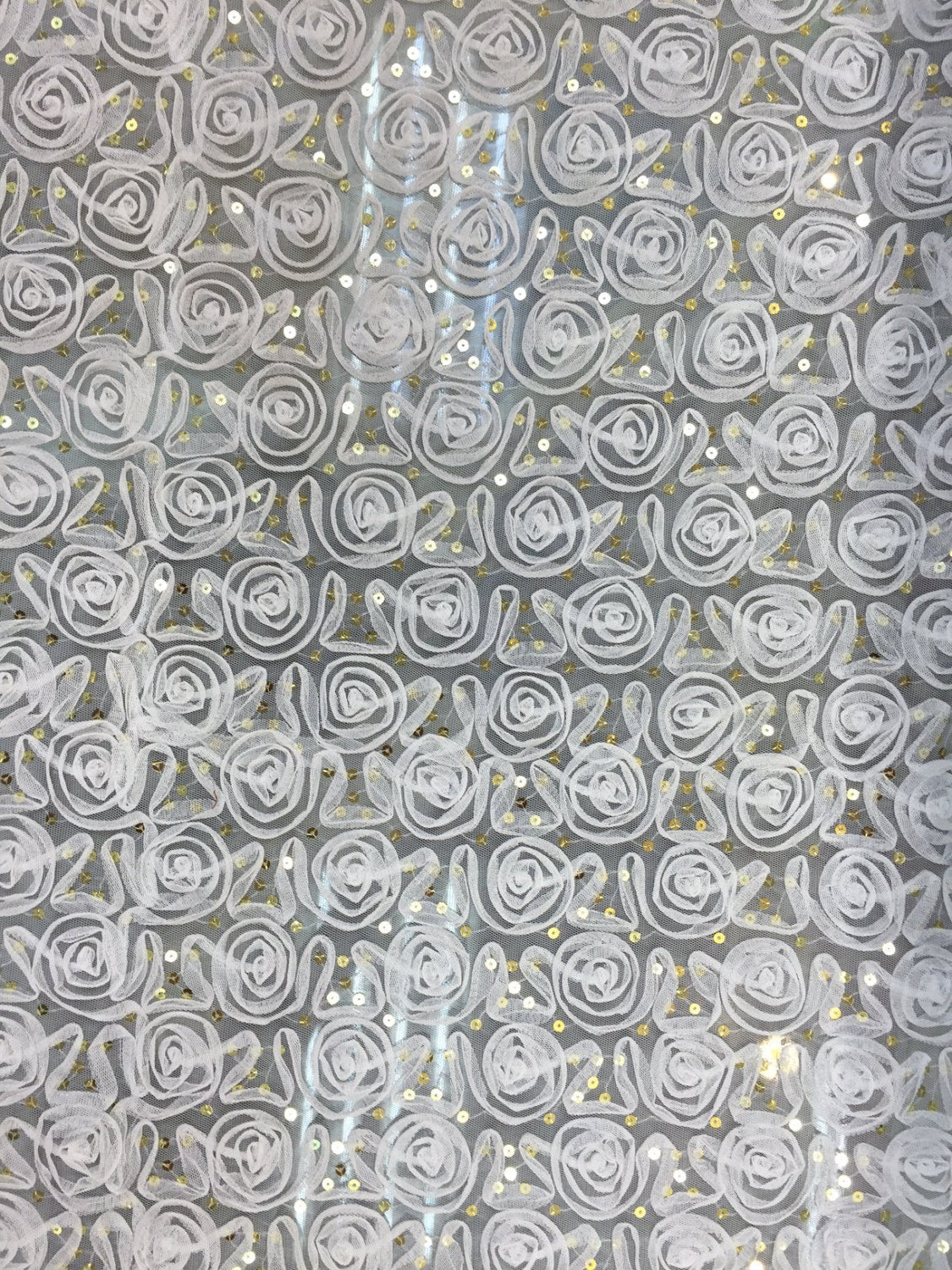 Sequin Lace Mesh Fabric Off White Rosettes Gold