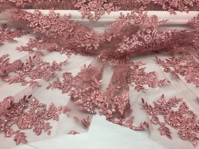Sequin Lace Fabric With Embroideries On Mesh - 100 Percent Polyester Fabric, Double Scalloped Floral Lace, 51" Width (1 Yard)