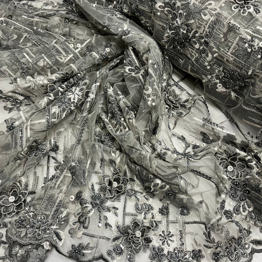 1 Yard Beaded Rhinestone 3D Floral Lace Fabric Embroidered 100 Percent Polyester Net Mesh 50 inch Width
