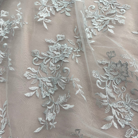 1 Yard Corded Bridal Lace Fabric Embroidered on 100% Polyester Net Mesh – 53"