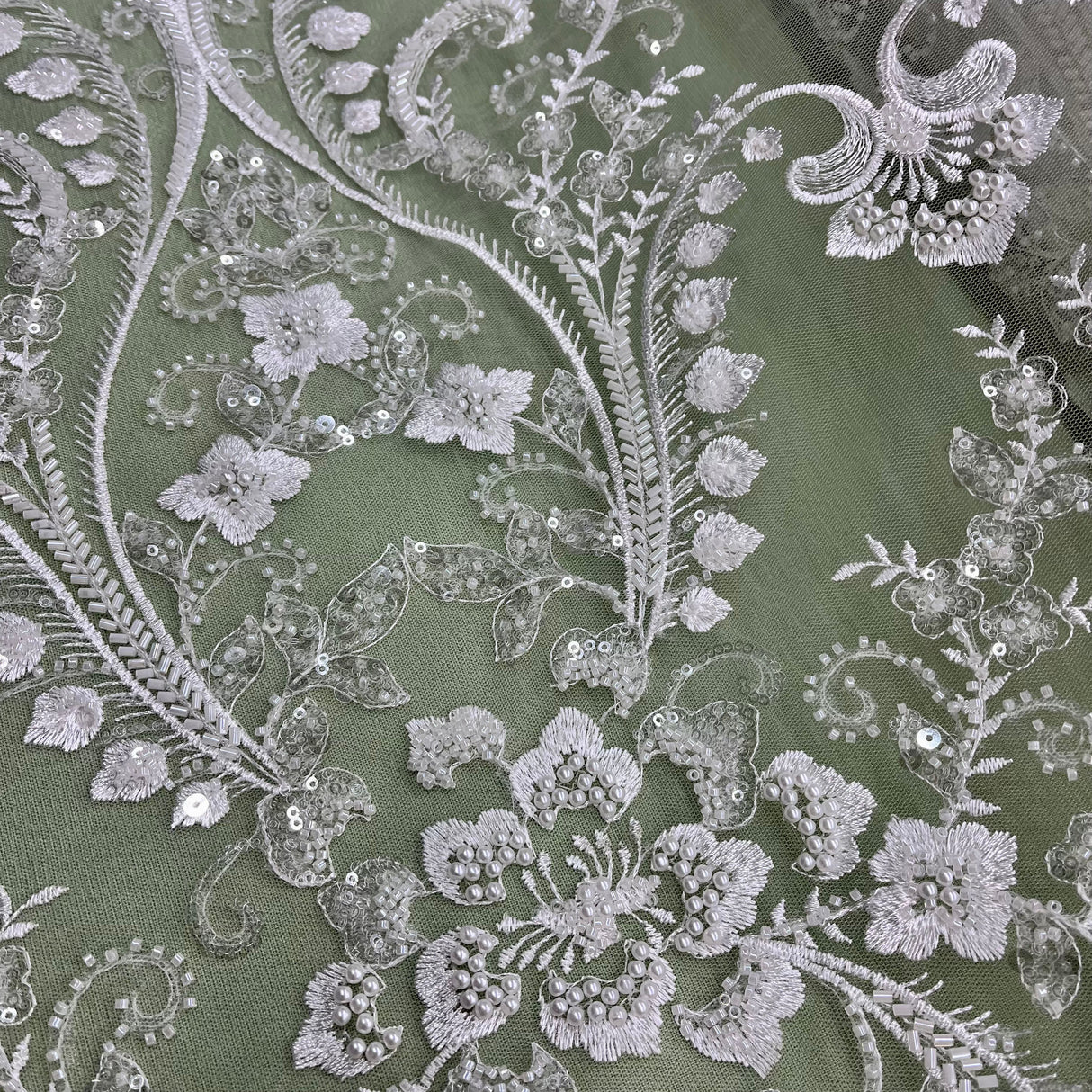 Beaded Lace Fabric on Polyester Net Mesh