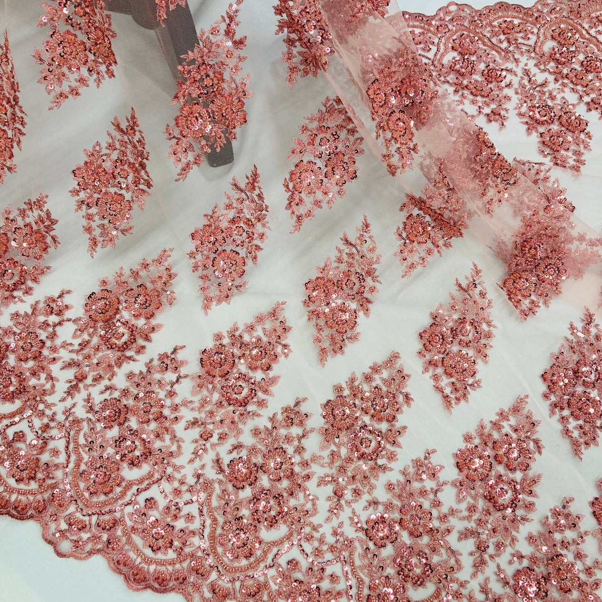 Beaded Embroidered Lace Mesh Coral