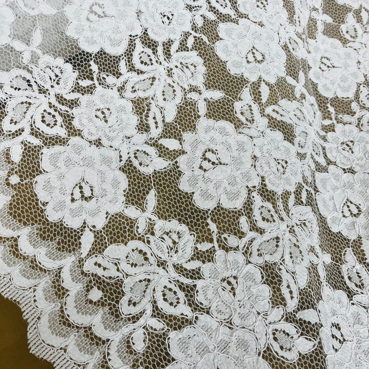 1 Yard Luxurious Corded Embroidered Bridal Lace Fabric for Elegant Dresses White