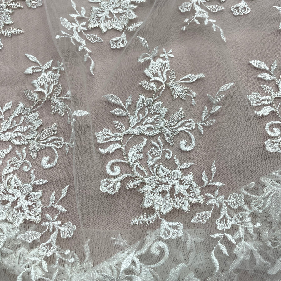 1 Yard - Corded Bridal Lace Fabric Embroidered on 100% Polyester Net Mesh Ivory with Silver - 53"