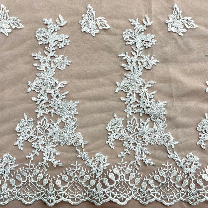 1 Yard Beaded Corded Bridal Lace Fabric Embroidered on Polyester Net White