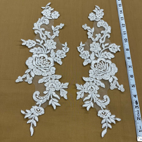1 Pair 15" x 3.5" Beaded & Corded Floral Lace Applique Embroidered on 100% Polyester Net Mesh