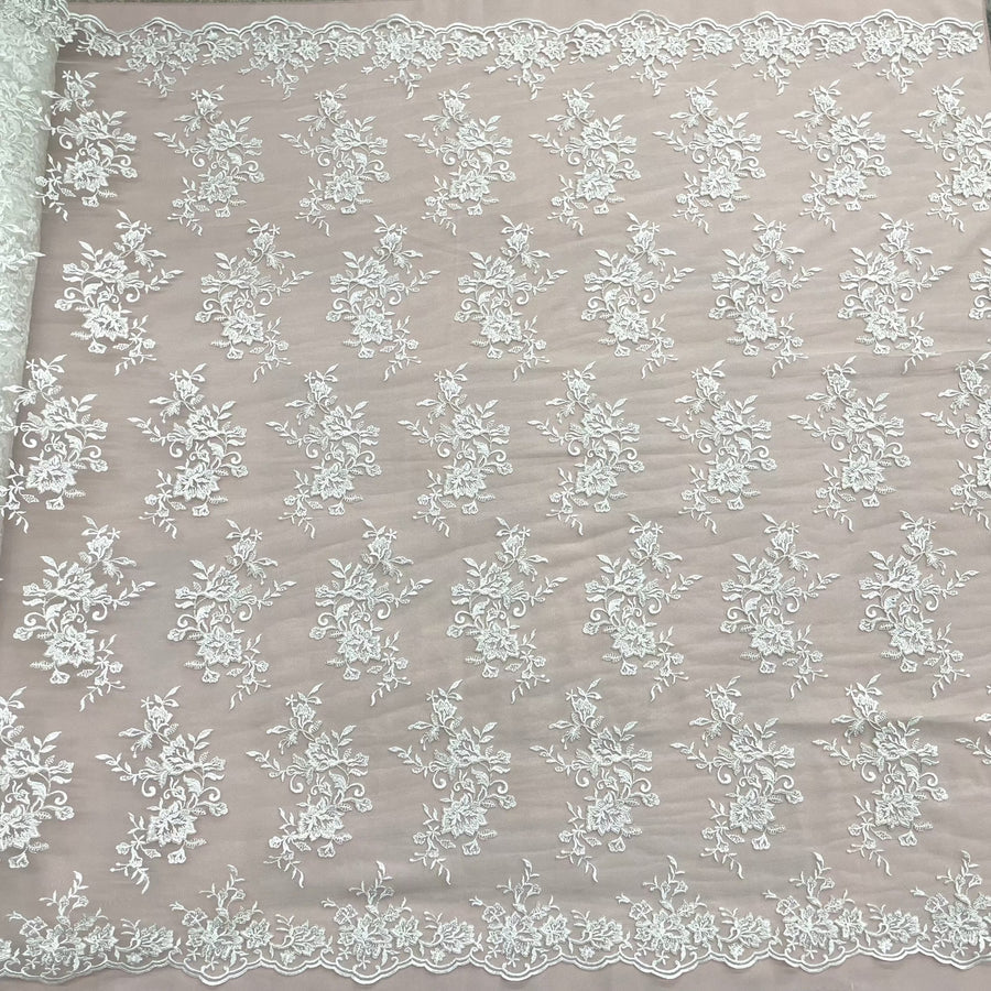 1 Yard - Corded Bridal Lace Fabric Embroidered on 100% Polyester Net Mesh Ivory with Silver - 53"