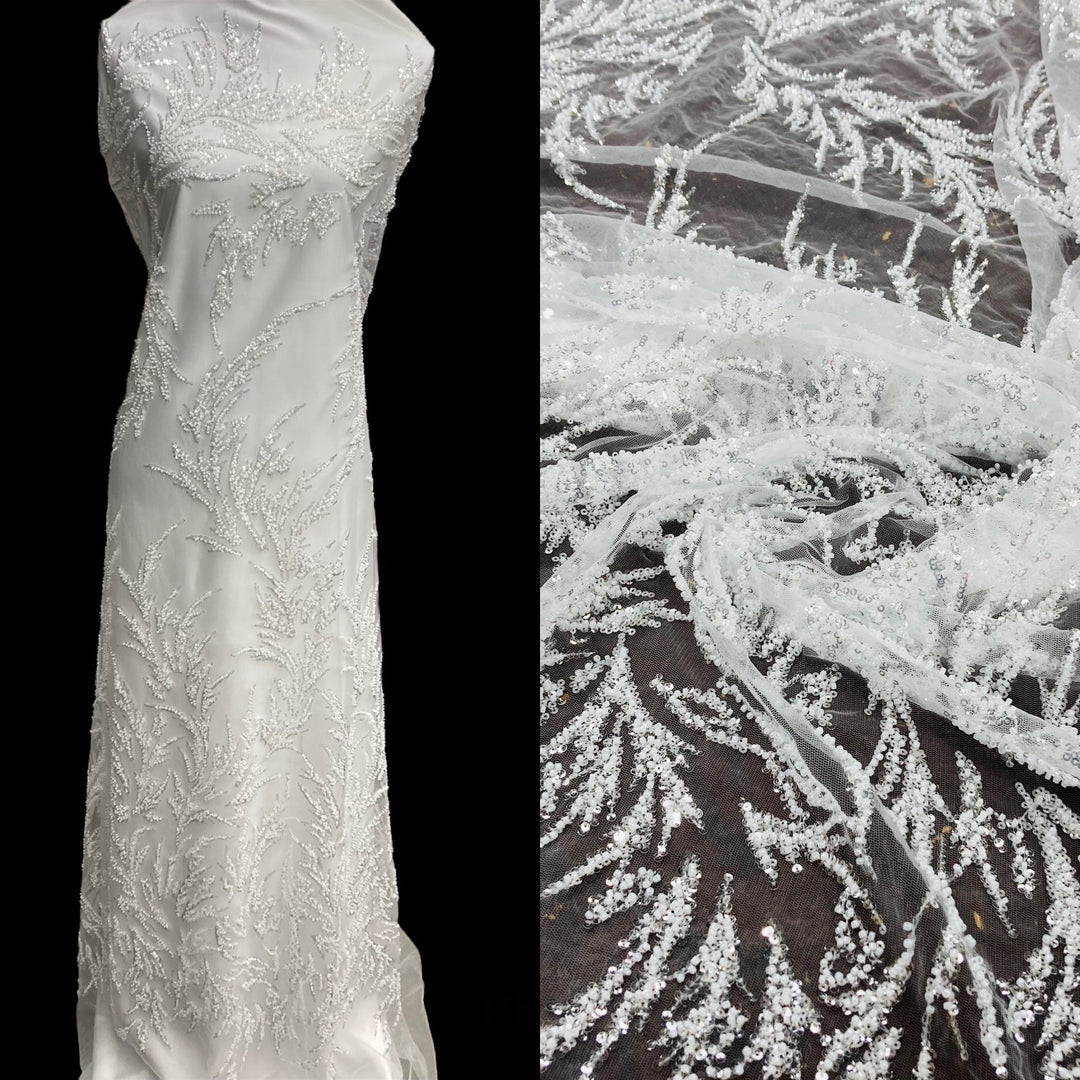 1 Yard Beaded Lace Fabric Embroidered on 100% Polyester Net Mesh