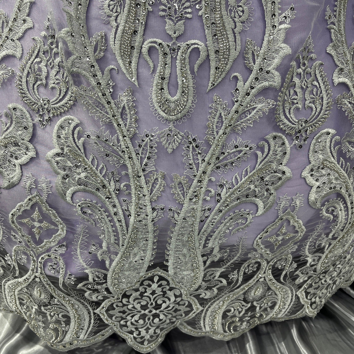 Beaded Lace Fabric on Polyester Net Mesh