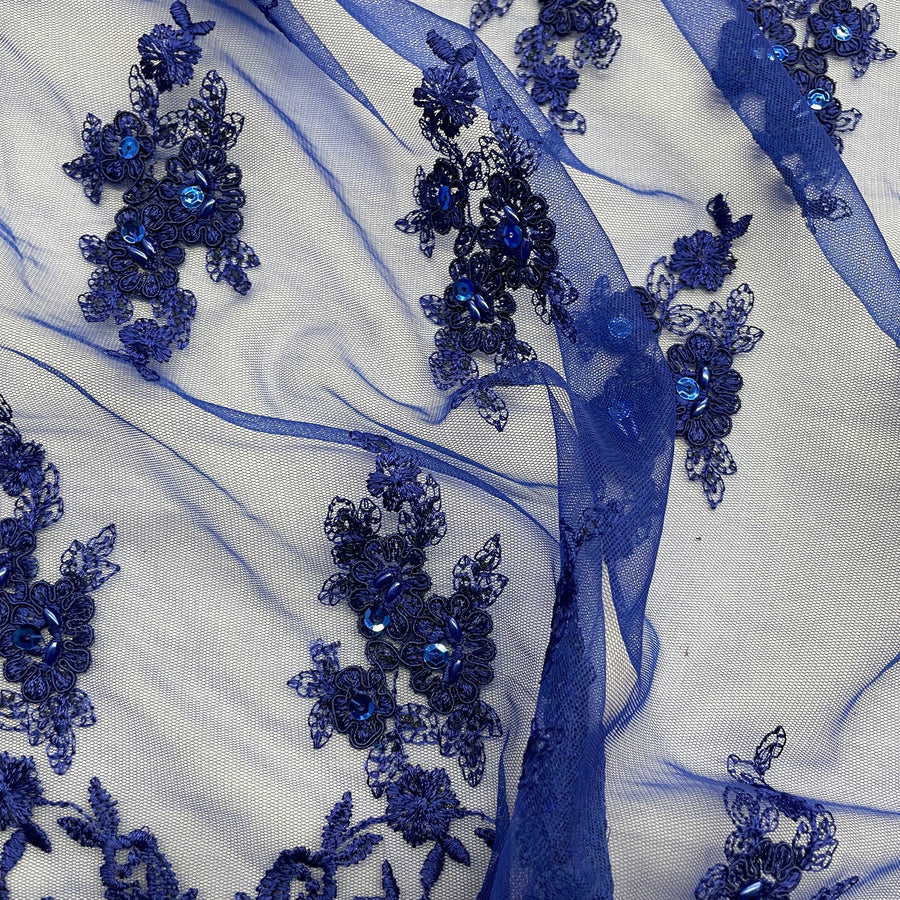 1 Yard - Beaded & Corded Lace Fabric Embroidered on 100% Polyester Net Mesh - Ivory - 53"