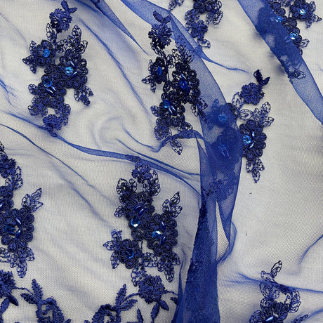 1 Yard - Beaded & Corded Lace Fabric Embroidered on 100% Polyester Net Mesh - Ivory - 53"