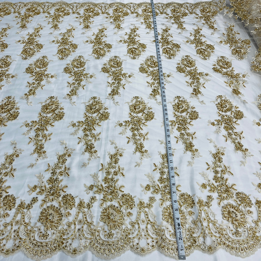 1 Yard Luxury Beaded Corded Bridal Lace Fabric Embroidered White