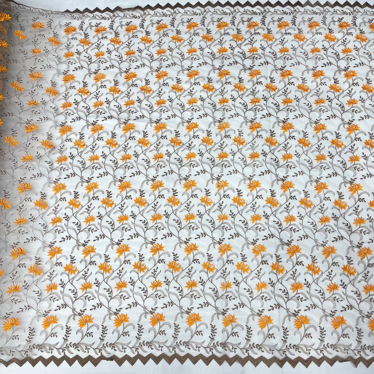 Embroidered Polyester Net Mesh Lace Fabric - Brown/Orange, 54" Width (1 Yard)