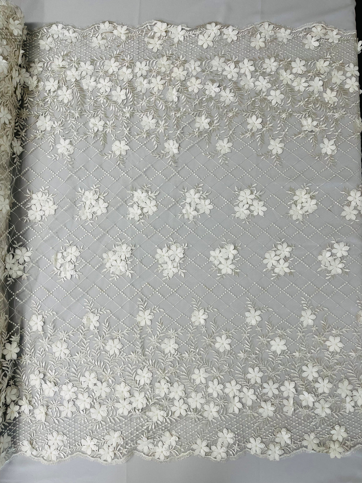 Lia 3D Floral Design Lace Fabric - Beaded Mesh, Double Scallop, 54" Width (1 Yard)
