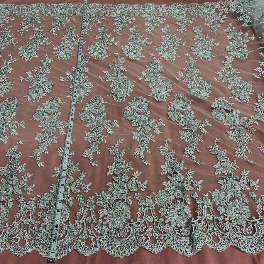 1 Yard Beaded Corded Bridal Lace Fabric Embroidered on 100% Polyester Net Mesh White